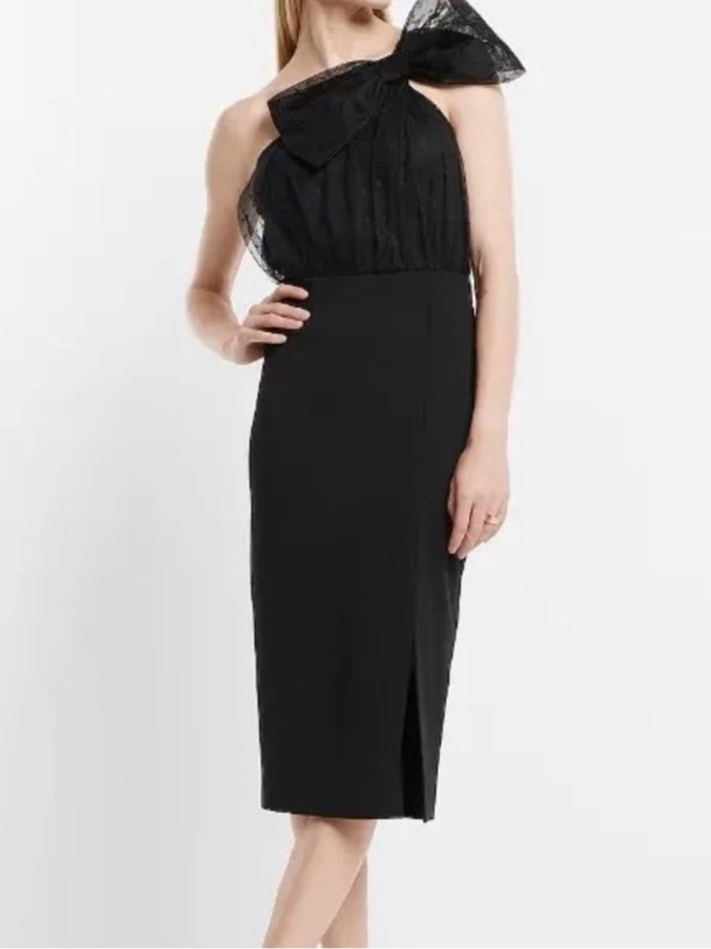 Express One-Shoulder Black Midi Dress with Bow Detail